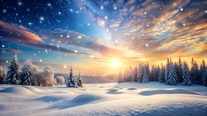 A breathtaking winter sunset illuminates a snow covered forest, creating a magical atmosphere