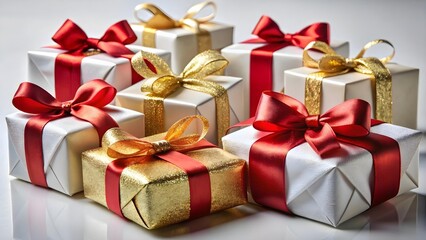 Obraz premium Many beautifully wrapped christmas gifts with red and gold ribbons are arranged on a white background