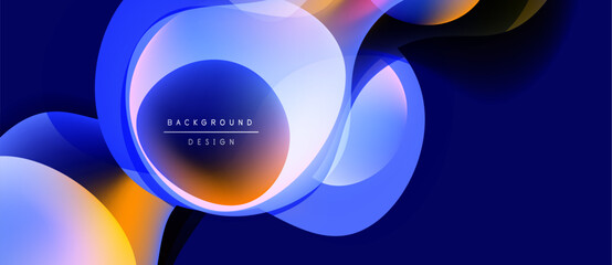 Abstract fluid shapes overlap, creating dynamic blue, orange gradients. Modern design features text background design within central form.