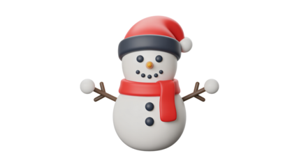 Adorable snowman with a red hat and scarf ready for winter holidays, perfect for Christmas cards, festive decorations, or winter themed designs