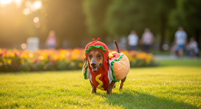 Dachshund Dressed as a Hot Dog in the Park