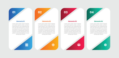 4 points infographic with gradient style with round rectangle box with slice triangle cut on top and bottom opposite with 4 elements stages