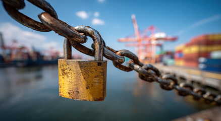 Tariff policy-Rusty padlock on chain at port 