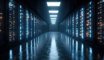 Server racks in data center corridor - Technology interior - Digital infrastructure