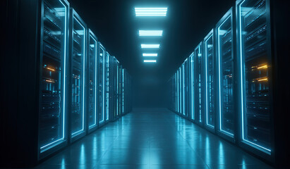 Server racks in data center corridor - Technology interior - Digital infrastructure