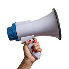 A hand holds a white and blue megaphone isolated on transparent background