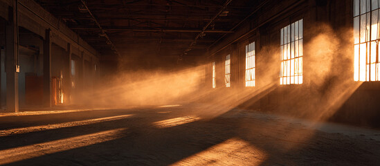 Sunbeams in abandoned warehouse - Industrial interior - Atmospheric decay