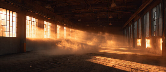 Sunbeams in abandoned warehouse - Industrial interior - Atmospheric decay