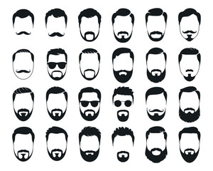 A diverse set of male head icons showcasing various hairstyles, beards, and mustaches. Vector graphic collection of men's haircuts and facial hair styles