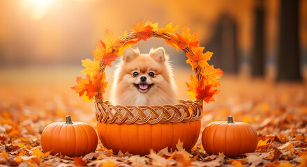 Autumnal Pomeranian Puppy in Pumpkin Basket