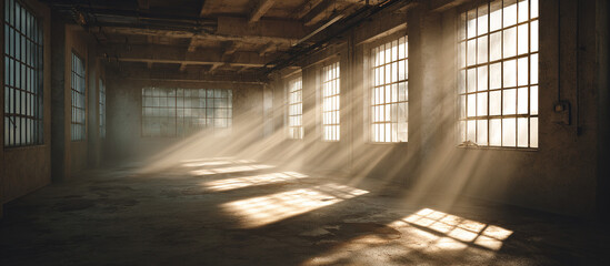 Sunbeams in abandoned warehouse - Industrial interior - Atmospheric decay