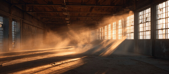 Sunbeams in abandoned warehouse - Industrial interior - Atmospheric decay