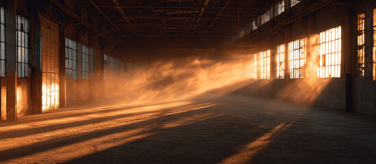 Sunbeams in abandoned warehouse - Industrial interior - Atmospheric decay