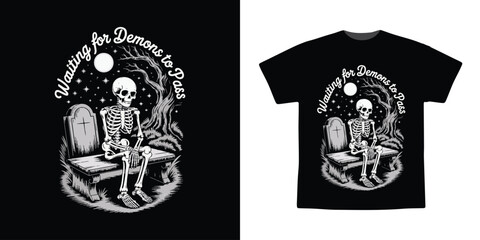 Waiting for Demons to Pass Skeleton Graveyard Gothic T-Shirt Design