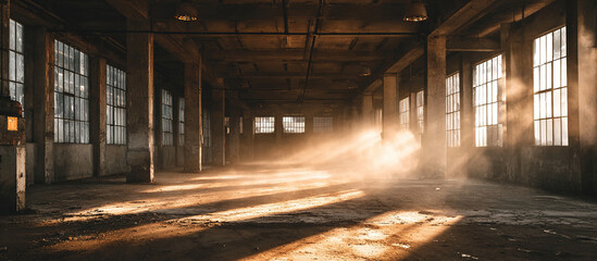 Sunbeams in abandoned warehouse - Industrial interior - Atmospheric decay
