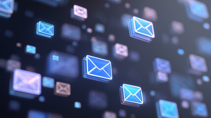 ai driven email marketing visualization, data flow around 3d envelope icons