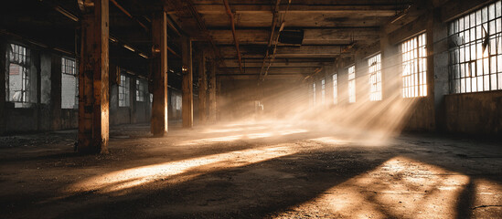 Sunbeams in abandoned warehouse - Industrial interior - Atmospheric decay