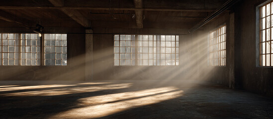 Sunbeams in abandoned warehouse - Industrial interior - Atmospheric decay