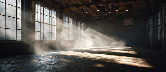 Sunbeams in abandoned warehouse - Industrial interior - Atmospheric decay