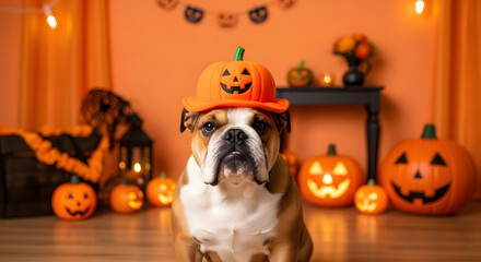 Bulldog's Spooky Celebration: Halloween Costume with Pumpkins