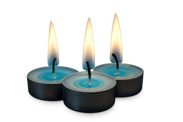 Three blue tealight candles burning with a gentle flame, symbolizing peace, relaxation, and a calm atmosphere, transparent background