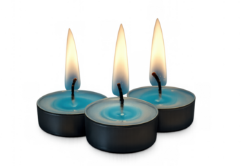 Three blue tealight candles burning with a gentle flame, symbolizing peace, relaxation, and a calm atmosphere, transparent background