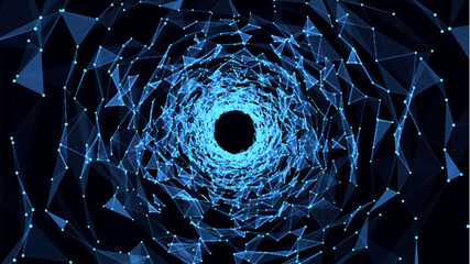 Abstract wireframe circular tunnel. Vector blue wormhole. 3D portal grid. Futuristic fantasy funnel.