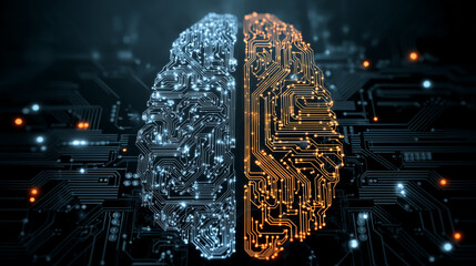 human brain merging with digital circuit, ai marketing symbolism