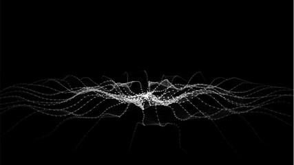 Futuristic circle wave. Vector dark cyberspace. Abstract music sound wave with dots. White moving particles on black background.