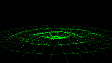 Futuristic circle wave. Vector dark cyberspace. Abstract music sound wave with dots. Greed moving particles on black background.