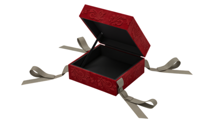 Elegant red velvet jewelry box with floral details and ribbon ties, a stylish and luxurious container for precious gifts and keepsakes, perfect for special occasions
