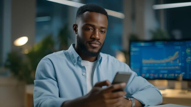 Futuristic workspace where employee consults smartphone&rsquo;s AI assistant for data insights, symbolizing innovation, smart analytics, and seamless integration of mobile artificial intelligence tools.