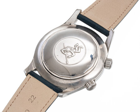 View of the case back of the Longines self-winding diving watch, Diver model, reference 7494-2, steel case. Milan, Italy, April 14, 2025
