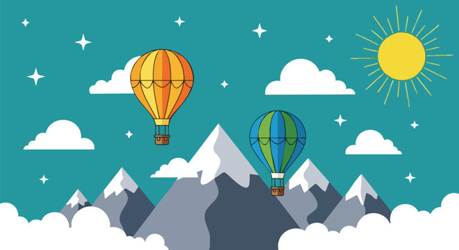 Hot Air Balloons Over Mountains Adventure Travel and Dreamy Landscape Illustration