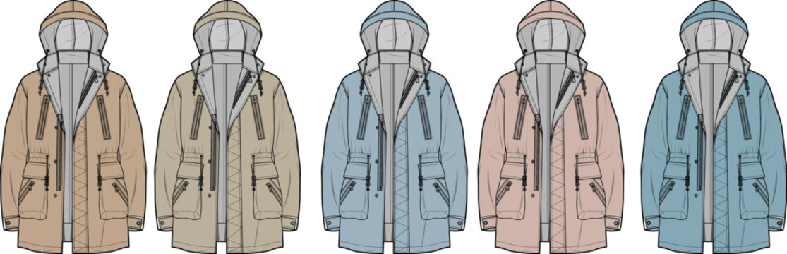 Vector flat sketches showcasing a diverse collection of essential outerwear hooded parka jackets in a spectrum of trending seasonal colors for fashion design concepts