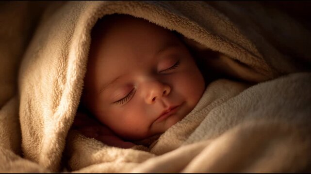 Close-up of a peaceful newborn baby sleeping soundly wrapped in a soft, cozy beige blanket, illuminated by warm, gentle light