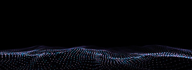 Futuristic technology wave. Digital cyberspace. Abstract wave with moving particles on a black background. Big data analytics.