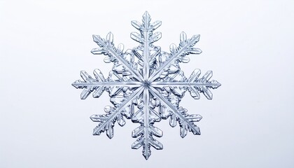 A unique and symmetrical snowflake, showcasing its intricate crystal structure. The delicate ice formation sparkles with pristine beauty