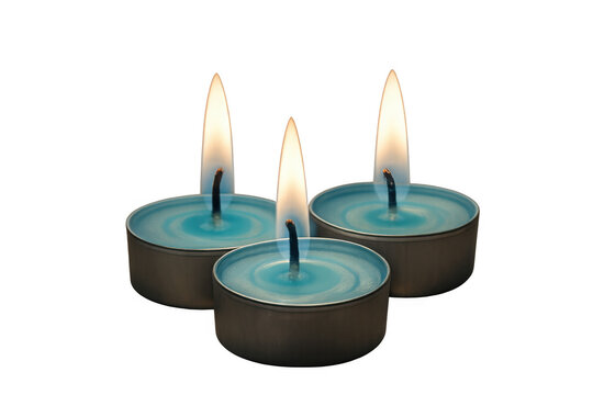 Three tealight candles with blue wax and burning flames creating light, representing relaxation and meditation, transparent background