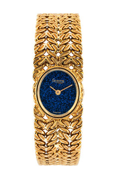 Levrette hand-wound watch, 1970s, reference 4222, 18kt yellow gold case and integrated bracelet with blue dial. Milan, Italy, April 14, 2025