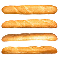 A set of fresh golden-brown baguettes isolated on a transparent background.