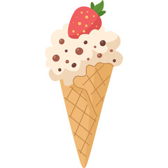 Creamy Ice Cream Cone Topped with Fresh Strawberry and Chocolate Chips on a Transparent Background