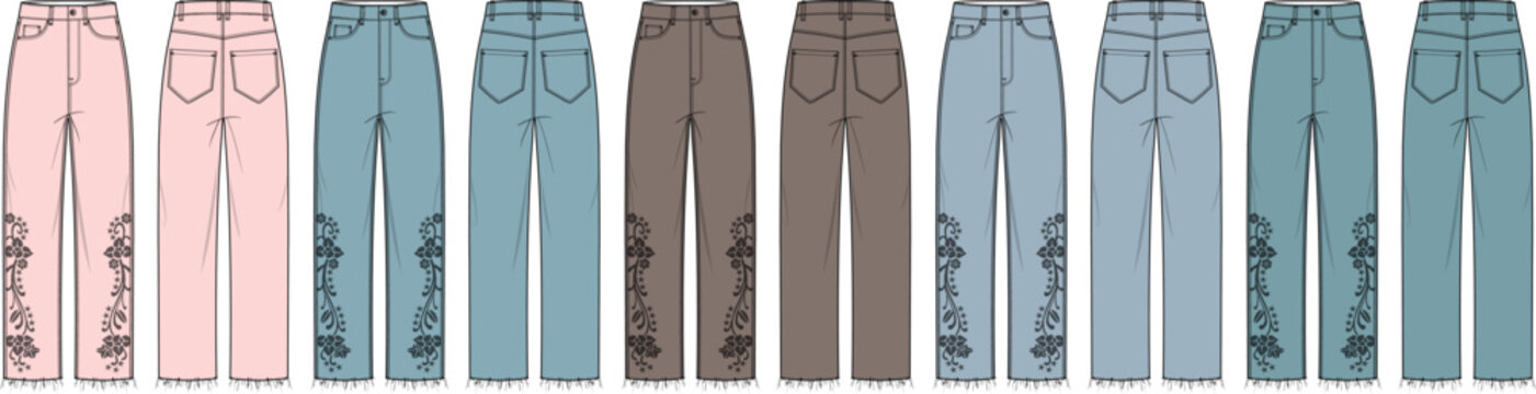 A collection of women's denim jeans with floral side embroidery shown in a technical flat sketch. Set of casual trousers in various colors for fashion design concepts