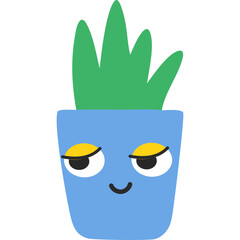 Cute Blue Potted Plant with Green Leaves and a Smiling Face on a Transparent Background Ideal for Digital Design Elements