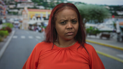 Woman with red hair wearing red blouse frowns and furrows brow while standing on busy city street; frustration.