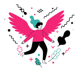 Minimalist Flat Vector Illustration of Person Sprouting Wings for Elevation