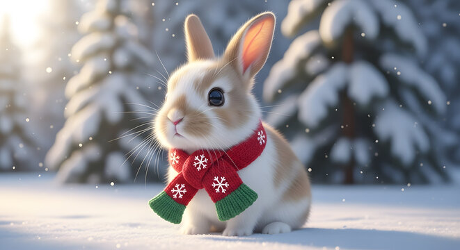Winter Rabbit with Scarf in Snowy Forest