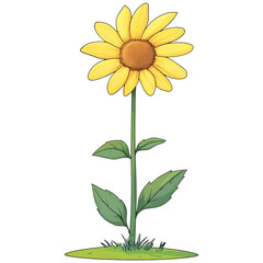 Fototapeta premium Bright yellow sunflower with green leaves, standing tall on grassy base, radiating warmth and cheerfulness
