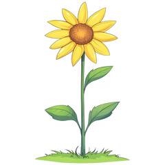 Obraz premium Bright yellow sunflower with large petals and textured center, standing tall on green stem with leaves, evokes feelings of warmth and cheerfulness