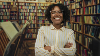 Woman wearing glasses with arms crossed smiling in a historic library with rows of bookshelves and...